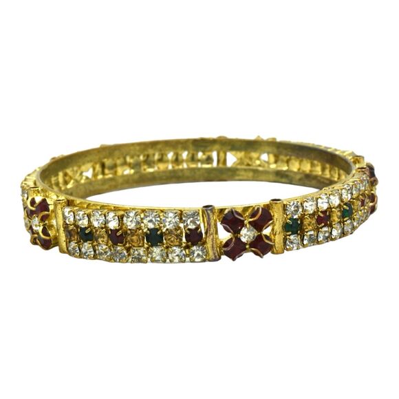 Estate Jewelry - Vintage Goldtone Red Clear Green Rhinestone Bangle Bracelet India Ethnic
